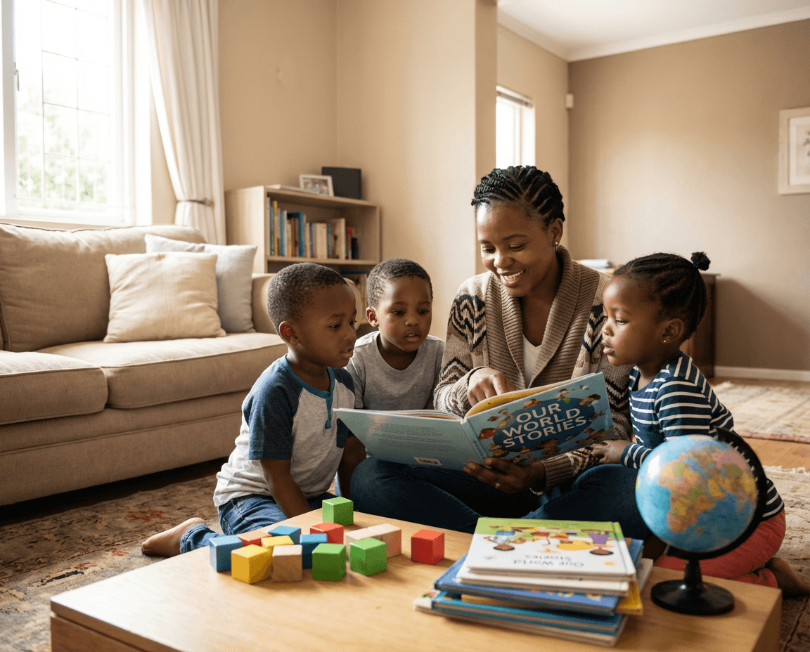 Mother reading a picture book with her three children